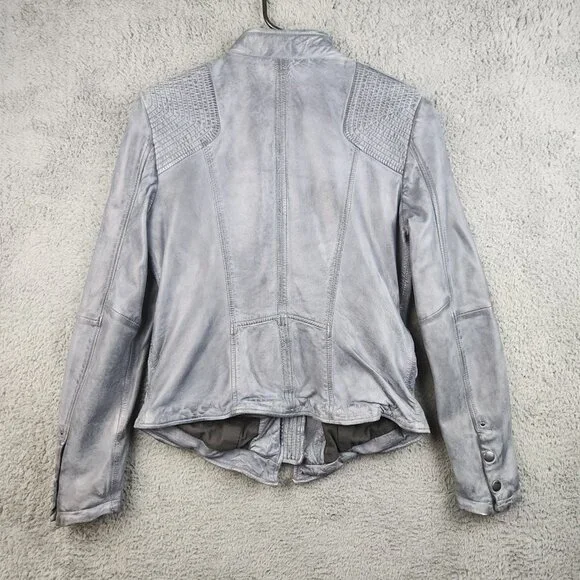Y2K Vegan Faux Leather Cafe Racer Moto Jacket Women's Small Slate Blue Petina - Picture 2 of 13